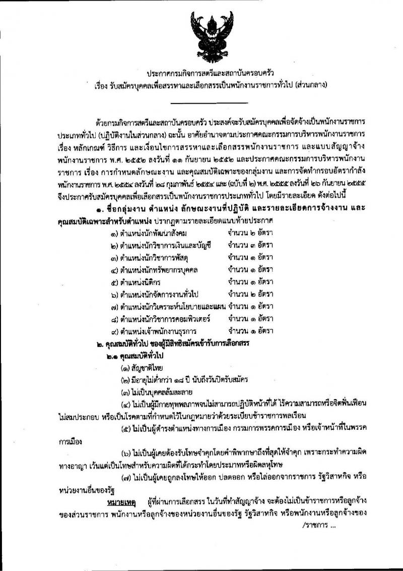 กรมกิจการสตรีและสถาบันครอบครัว ประกาศรับสมัครบุคคลเพื่อสรรหาและเลือกสรรเป็นพนักงานราชการทั่วไป จำนวน 9 ตำแหน่ง 13 อัตรา (วุฒิ ปวส. ป.ตรี) รับสมัครสอบทางอินเทอร์เน็ต ตั้งแต่วันที่ 7-13 ก.ย. 2560