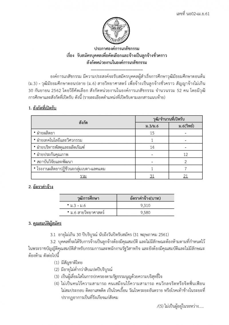 องค์การเภสัชกรรม ประกาศรับสมัครบุคคลเพื่อเลือกและจ้างเป็นลูกจ้างชั่วคราว จำนวน 52 อัตรา (วุฒิ ม.ต้น ม.ปลาย) รังสมัครสอบตั้งแต่วันที่ 2-31 พ.ค. 2561