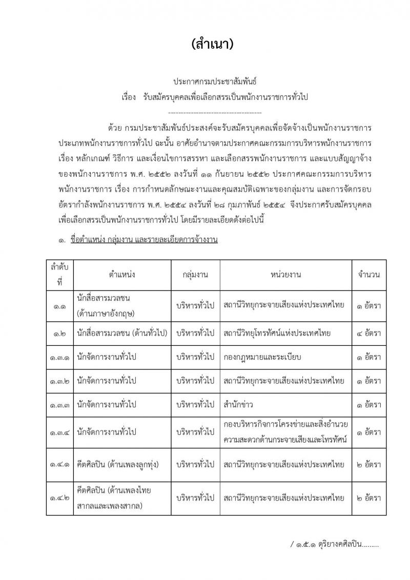 กรมประชาสัมพันธ์ ประกาศรับสมัครบุคคลเพื่อเลือกสรรเป็นพนักงานราชการทั่วไป จำนวน 16 ตำแหน่ง 21 อัตรา (วุฒิ ปวช. ปวส. ป.ตรี) รับสมัครสอบทางอินเทอร์เน็ต ตั้งแต่วันที่ 30 พ.ค. – 7 มิ.ย. 2561