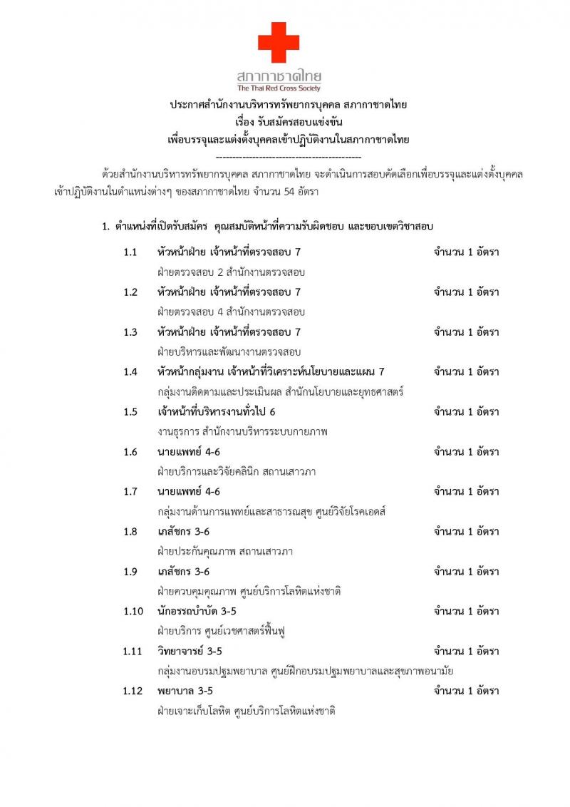 สภากาชาดไทย ประกาศรับสมัครสอบแข่งขันเพื่อบรรจุและแต่งตั้งบุคคลเข้าปฏิบัติงานจำนวน 54 อัตรา (วุฒิ ม.ต้น ม.ปลาย ปวช. ปวส. ป.ตรี) รับสมัครสอบทางอินเทอร์เน็ต ตั้งแต่วันที่ 10-15 ก.ย. 2561