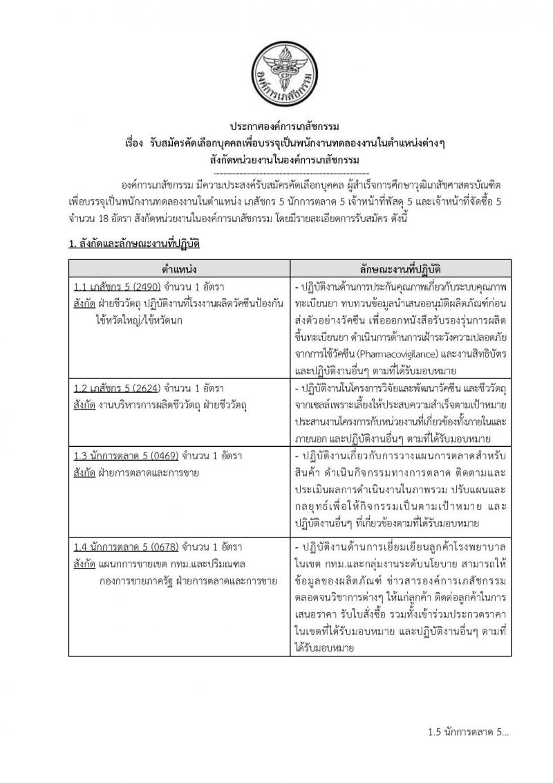 องค์การเภสัชกรรม รับสมัครคัดเลือกบุคคลเพื่อบรรจุเป็นพนักงานทดลองงาน จำนวน 4 ตำแหน่ง 18 อัตรา (วุฒิ ป.ตรี) รับสมัครสอบตั้งแต่วันที่ 17 ธ.ค.61 – 16 ม.ค.62