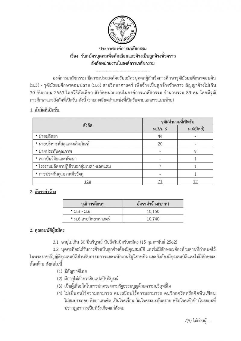 องค์การเภสัชกรรม รับสมัครบุคคลเพื่อคัดเลือกและจ้างเป็นลูกจ้างชั่วคราว จำนวน 6 ตำแหน่ง 83 อัตรา (วุฒิ ม.ต้น ม.ปลาย) รับสมัครตั้งแต่วันที่ 1-15 ก.พ. 2562