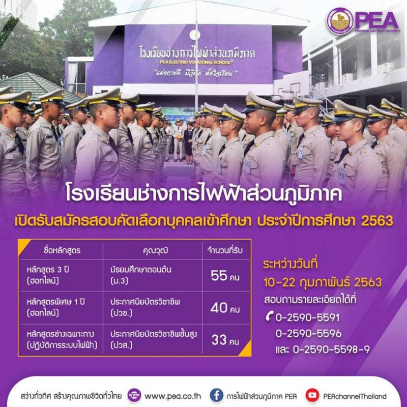 โรงเรียนช่างการไฟฟ้าส่วนภูมิภาค รับสมัครสอบคัดเลือกบุคคลเข้าศึกษา ประจำปีการศึกษา 2563 จำนวน 128 อัตรา (วุฒิ ม.ต้น ปวช. ปวส.) รับสมัครทางอินเทอร์เน็ต ตั้งแต่วันที่ 10-22 ก.พ. 2563