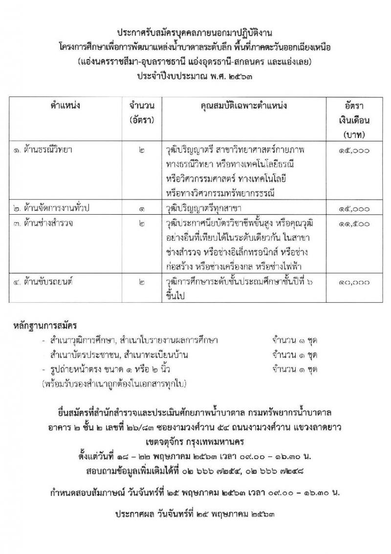 โครงการศึกษาเพื่อการพัฒนาแหล่งน้ำบาดาลระดับลึก พื้นที่ภาคตะวันออกเฉียงเหนือ รับสมัครบุคคลภายนอกมาปฏิบัติงาน จำนวน 4 ตำแหน่ง 7 อัตรา (วุฒิ ป. 6 ขึ้นไป ปวส. ป.ตรี) รับสมัครตั้งแต่วันที่ 18-22 พ.ค. 2563