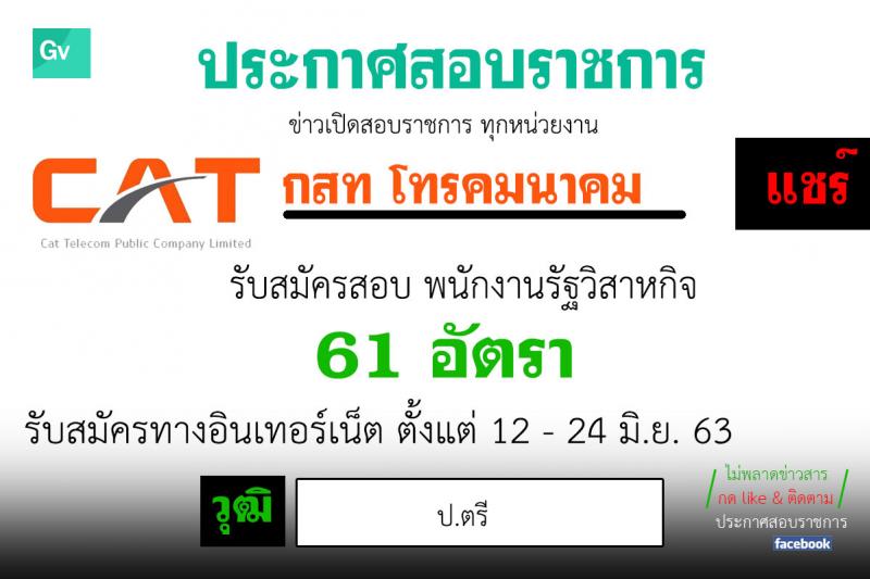 บริษัท กสท โทรคมนาคม จำกัด (มหาชน) รับสมัครบุคคลเข้าทำงาน จำนวน 61 อัตรา (วุฒิ ป.ตรี) รับสมัครสอบทางอินเทอร์เน็ต ตั้งแต่วันที่ 12-24 มิ.ย. 2563