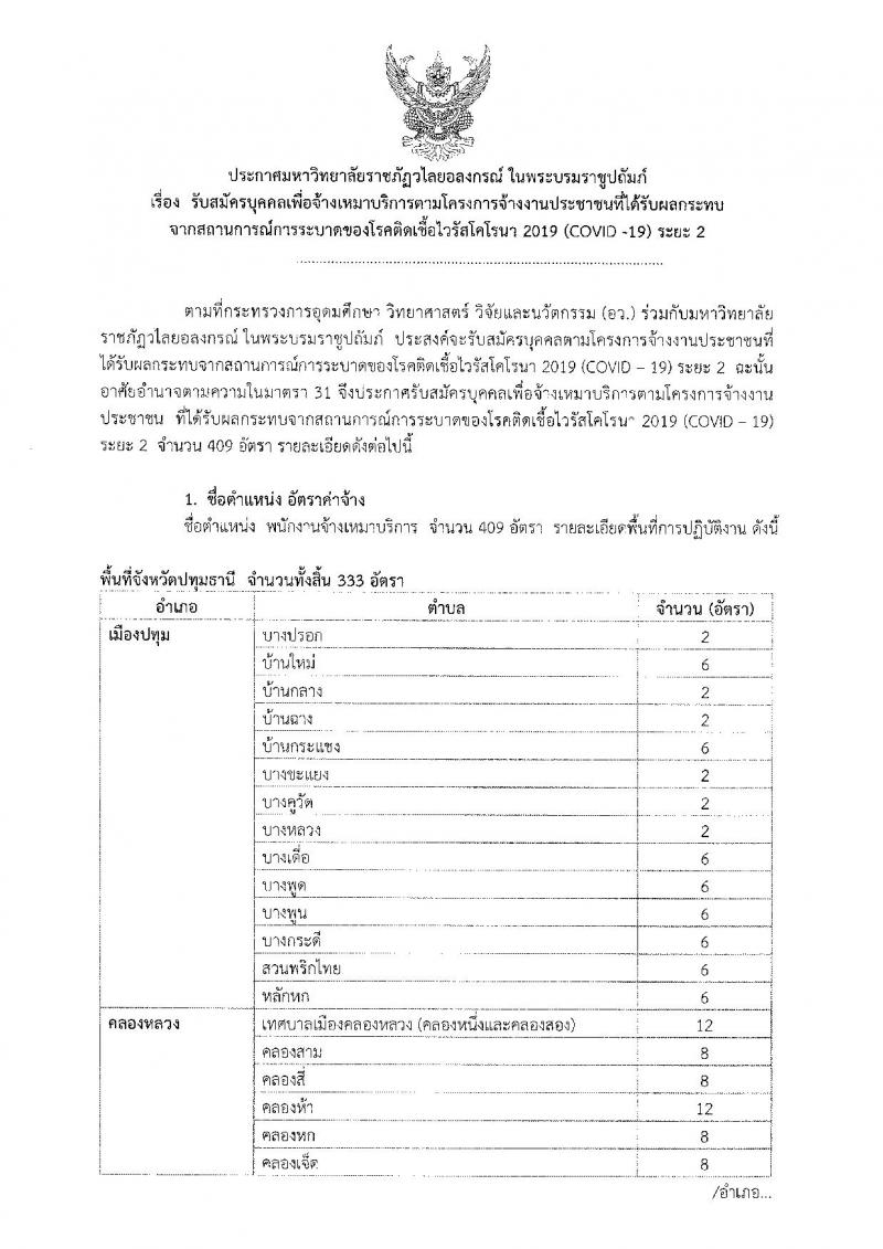 มหาวิทยาลัยราชภัฏวไลยอลงกรณ์ ในพระบรมราชูปถัมภ์ รับสมัครบุคคลเพื่อจ้างเหมาบริการ (ผู้ได้รับผลกระทบจากโควิด ระยะจ้าง 3 เดือน) จำนวน 409 อัตรา รับสมัครออนไลน์ ตั้งแต่วันที่ 16-26 มิ.ย. 2563