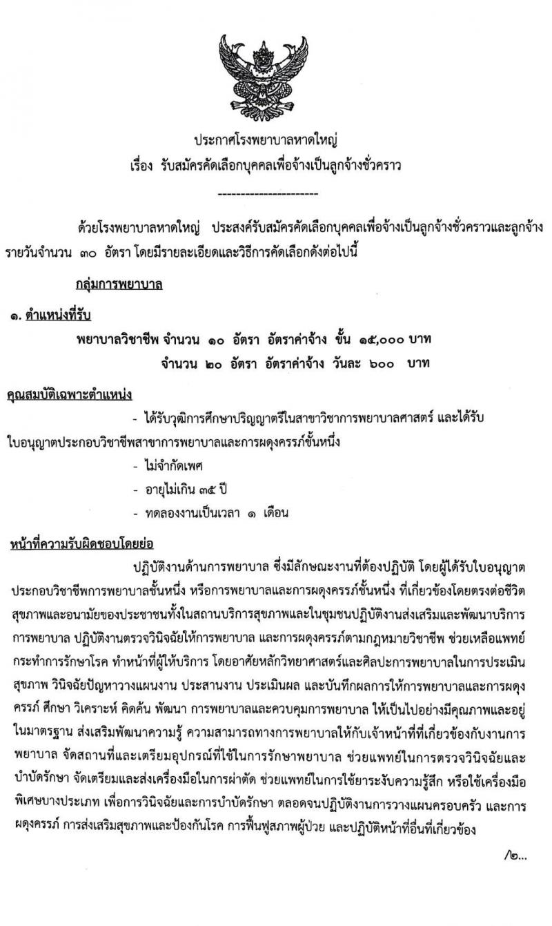 โรงพยาบาลหาดใหญ่ รับสมัครคัดเลือกบุคคลเพื่อจ้างเป็นลูกจ้างชั่วคราว จำนวน 30 อัตรา (วุฒิ ป.ตรี ทางการพยาบาล) รับสมัครสอบตั้งแต่วันที่ 12 ต.ค. – 24 พ.ย. 2563