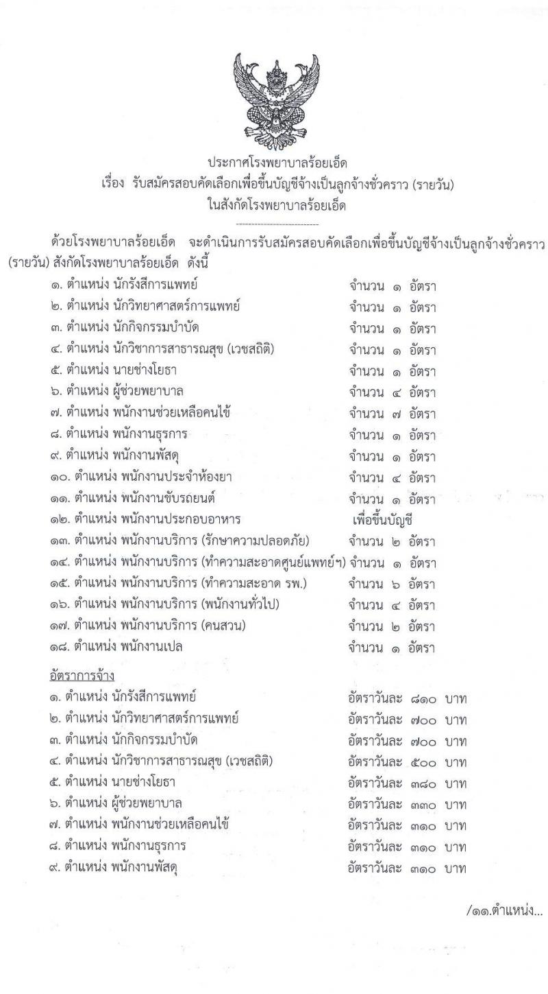 โรงพยาบาลร้อยเอ็ด รับสมัครสอบคัดเลือกเพื่อขึ้นบัญชีเป็นลูกจ้างชั่วคราว จำนวน 18 ตำแหน่ง 41 อัตรา (วุฒิ ม.ต้น ม.ปลาย ปวช. ปวส. ป.ตรี) รับสมัครตั้งแต่วันที่ 16 พ.ย. – 4 ธ.ค. 2563