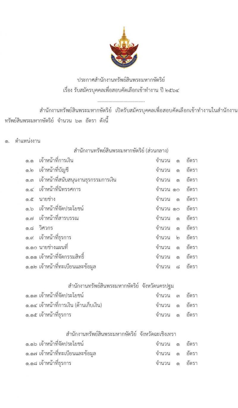 สำนักงานทรัพย์สินพระมหากษัตริย์ รับสมัครบุคคลเพื่อสอบคัดเลือกเข้าทำงาน จำนวน 31 ตำแหน่ง ครั้งแรก 63 อัตรา (วุฒิ  ป.ตรี) รับสมัครสอบทางอินเทอร์เน็ต ตั้งแต่บัดนี้ ถึง 23 เม.ย. 2564