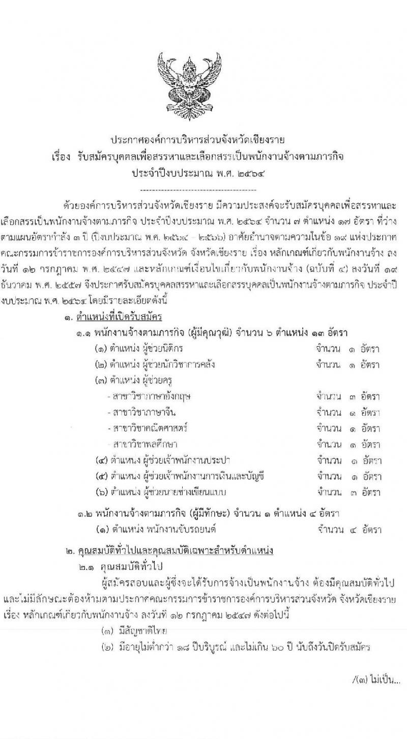 องค์การบริหารส่วนจังหวัดเชียงราย รับสมัครบุคคลเพื่อสรรหาและเลือกสรรเป็นพนักงานจ้าง จำนวน 7 ตำแหน่ง ครั้งแรก 17 อัตรา (วุฒิ ปวช. ปวท. ปวส. ป.ตรี) รับสมัครสอบตั้งแต่วันที่ 21-30 เม.ย. 2564