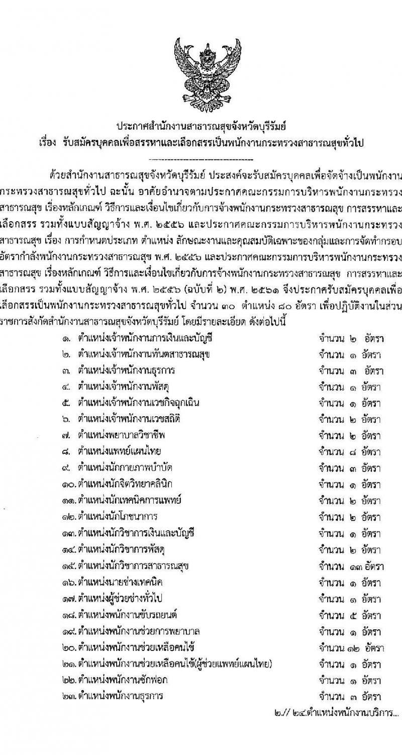 สำนักงานสาธารณสุขจังหวัดบุรีรัมย์ รับสมัครบุคคลเพื่อสรรหาและเลือกสรรเป็นพนักงานราชการทั่วไป จำนวน 30 ตำแหน่ง ครั้งแรก 80 อัตรา (วุฒิ ม.3 ม.6 ปวช. ปวส. ป.ตรี) รับสมัครสอบตั้งแต่วันที่ 7-11 มิ.ย. 2564