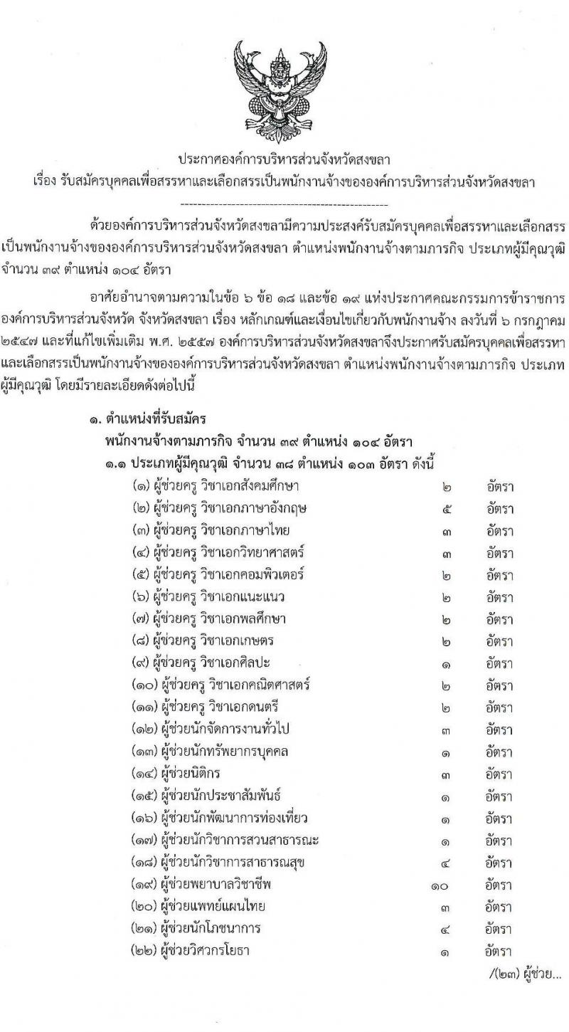 องค์การบริหารส่วนจังหวัดสงขลา รับสมัครบุคคลเพื่อเลือกสรรเป็นพนักงานจ้าง จำนวน 39 ตำแหน่ง 104 อัตรา (วุฒิ ปวช. ปวท. ปวส. ป.ตรี) รับสมัครสอบทางอินเทอร์เน็ต ตั้งแต่วันที่ 1-9 ก.ค. 2564