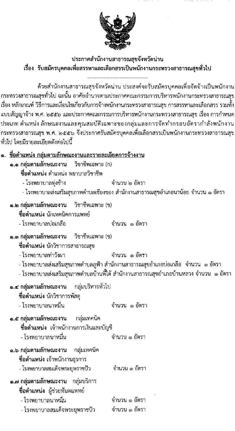 สาธารณสุขจังหวัดน่าน รับสมัครบุคคลเพื่อสรรหาและเลือกสรรเป็นพนักงานกระทรวงสาธารณสุขทั่วไป จำนวน 14 ตำแหน่ง 24 อัตรา (วุฒิ ม.ต้น ม.ปลาย ปวช. ปวส. ป.ตรี) รับสมัครสอบตั้งแต่วันที่ 14-18 มิ.ย. 2564