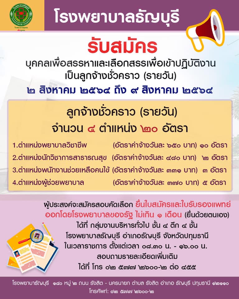 โรงพยาบาลธัญบุรี รับสมัครคัดเลือกบุคคลเพื่อบรรจุเป็นลูกจ้างชั่วคราว (รายวัน) จำนวน 4 ตำแหน่ง 20 อัตรา (วุฒิ ม.ต้น ม.ปลาย ปวช.ผู้ช่วยพยาบาล) รับสมัครสอบตั้งแต่วันที่ 2-9 ส.ค. 2564