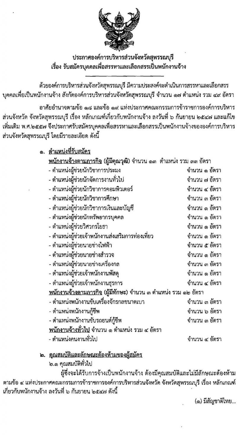 องค์การบริหารส่วนจังหวัดสุพรรณบุรี รับสมัครบุคคลเพื่อสรรหาและเลือกสรรเป็นพนักงานจ้าง จำนวน 17 ตำแหน่ง 49 อัตรา (บางตำแหน่งไม่ต้องใช้วุฒิ, ปวช. ปวส. ป.ตรี) รับสมัครสอบตั้งแต่วันที่ 1-12 ต.ค. 2564