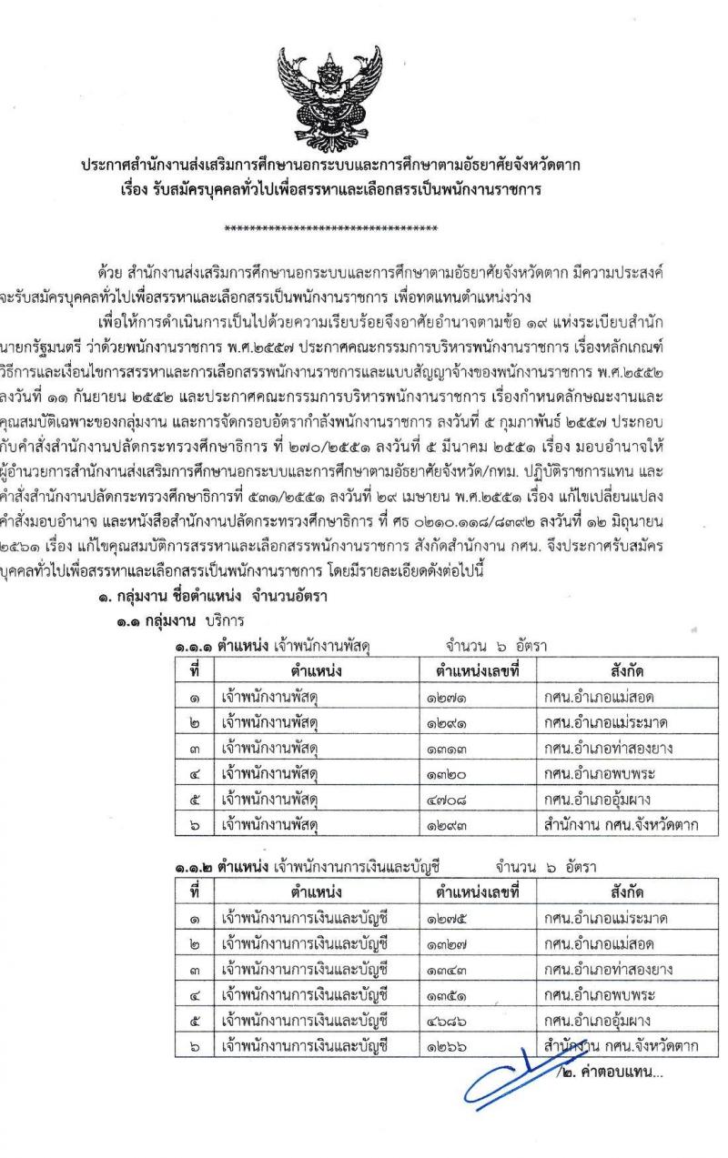 กศน.จังหวัดตาก รับสมัครบุคคลทั่วไปเพื่อสรรหาและเลือกสรรเป็นพนักงานราชการ จำนวน 12 อัตรา (วุฒิ ปวส. หรือเทียบเท่า) รับสมัครสอบตั้งแต่วันที่ 25 พ.ย. – 1 ธ.ค. 2564