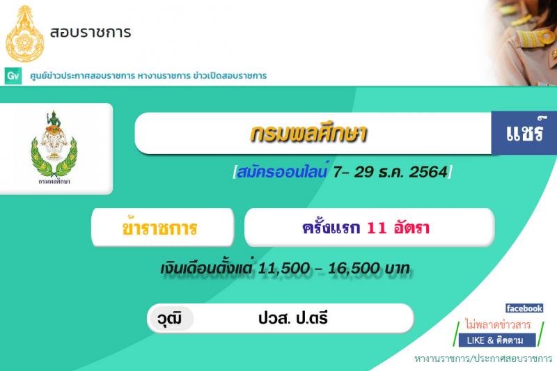 กรมพลศึกษา รับสมัครสอบแข่งขันเพื่อบรรจุและแต่งตั้งบุคคลเข้ารับราชการ จำนวน 4 ตำแหน่ง ครั้งแรก 11 อัตรา (วุฒิ ปวส. ป.ตรี) รับสมัครสอบทางอินเทอร์เน็ต ตั้งแต่วันที่ 7-29 ธ.ค. 2564