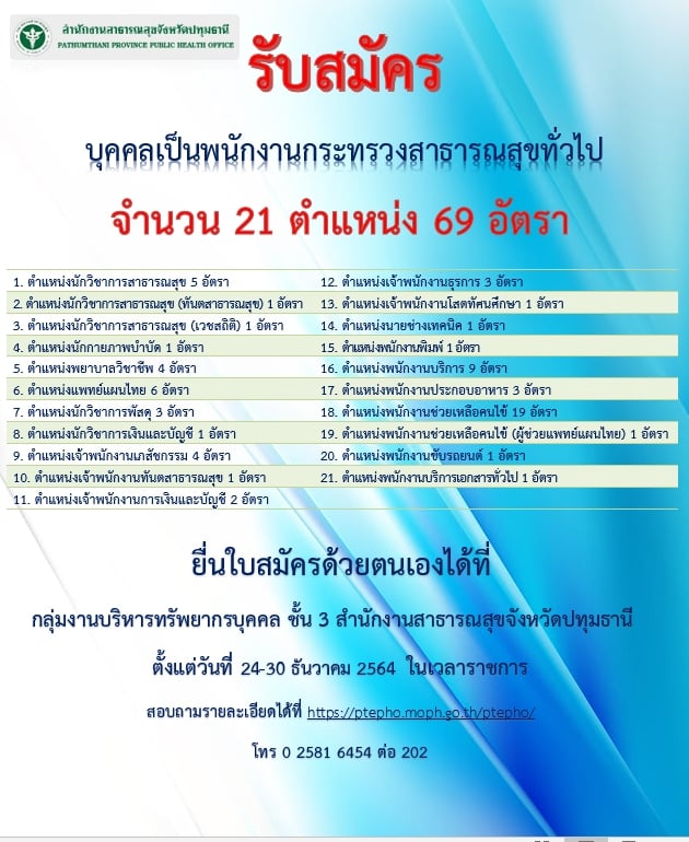 สาธารณสุขจังหวัดปทุมธานี รับสมัครบุคคลเป็นพนักงานกระทรวงสาธารณสุขทั่วไป จำนวน 21 ตำแหน่ง 69 อัตรา (วุฒิ ม.ต้น ม.ปลาย ปวช. ปวส. ป.ตรี) รับสมัครสอบตั้งแต่วันที่ 24-30 ธ.ค. 2564