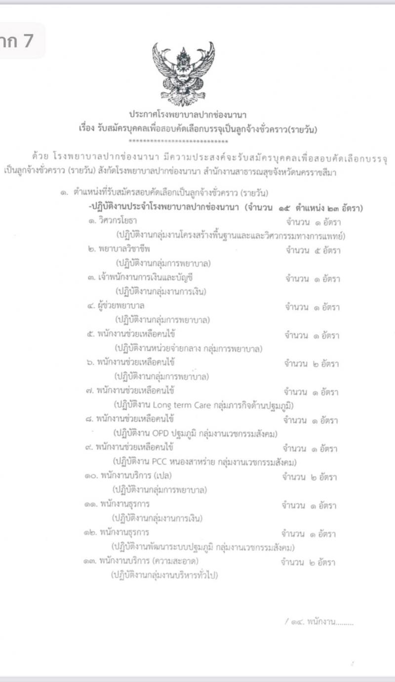 โรงพยาบาลปากช่องนานา รับสมัครบุคคลเพื่อสอบคัดเลือกบรรจุเป็นลูกจ้างชั่วคราว (รายวัน) จำนวน 15 ตำแหน่ง 23 อัตรา (วุฒิ ม.ต้น ม.ปลาย ปวช. ปวส. ป.ตรี) รับสมัครสอบตั้งแต่วันที่ 20-31 ม.ค. 2565