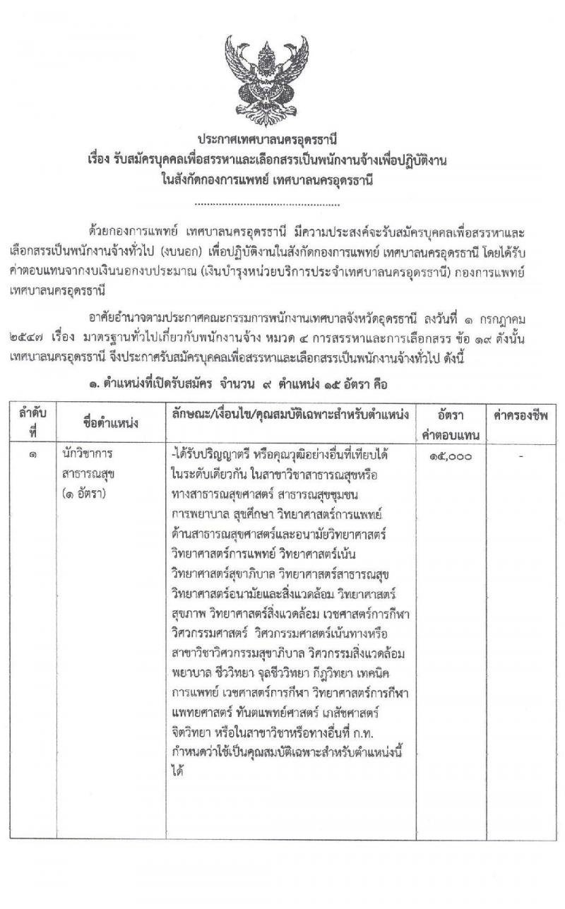 เทศบาลนครอุดรธานี รับสมัครบุคคลเพื่อสรรหาและเลือกสรรเป็นพนักงานจ้างเพื่อปฏิบัติงาน จำนวน 9 ตำแหน่ง 15 อัตรา (บางตำแหน่งไม่ใช้วุฒิ วุฒิ ม.ปลาย ปวช. ป.ตรี) รับสมัครสอบตั้งแต่วันที่ 17-25 ก.พ. 2565