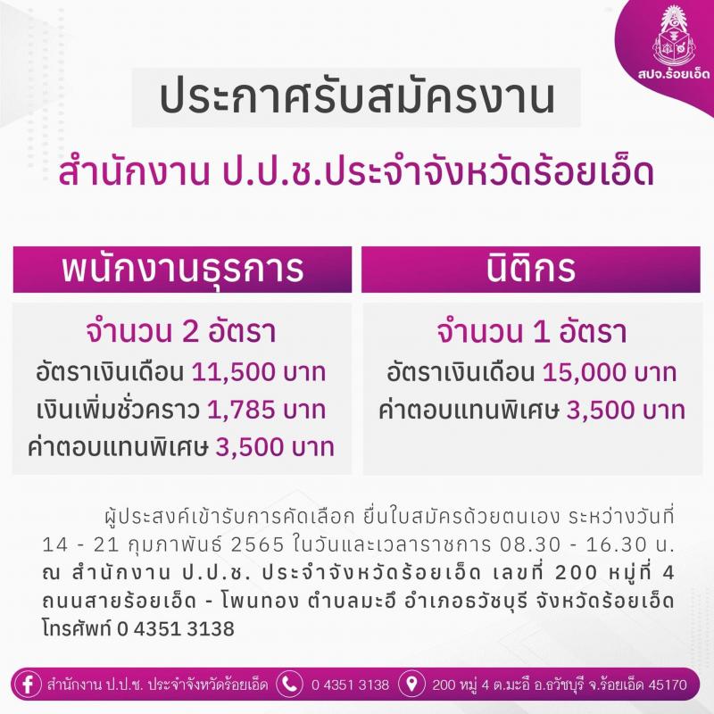 สำนักงาน ป.ป.ช. ประจำจังหวัดร้อยเอ็ด รับสมัครสอบคัดเลือกบุคคลเพื่อจ้างเป็นลูกจ้างตามสัญญาจ้าง รับสมัครคัดเลือกเพื่อบรรจุและแต่งตั้งบุคคลเข้ารับราชการ จำนวน 2 ตำแหน่ง 3 อัตรา (วุฒิ ปวส. ป.ตรี) รับสมัครสอบตั้งแต่วันที่ 14-21 ก.พ. 2565