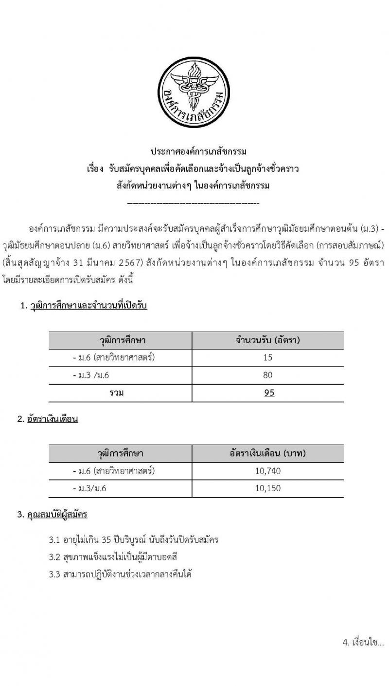 องค์การเภสัชกรรม รับสมัครบุคคลเพื่อคัดเลือกและจ้างเป็นลูกจ้างชั่วคราว จำนวน 95 อัตรา (วุฒิ ม.3 ม.6) รับสมัครสอบตั้งแต่วันที่ 1-15 มี.ค. 2565