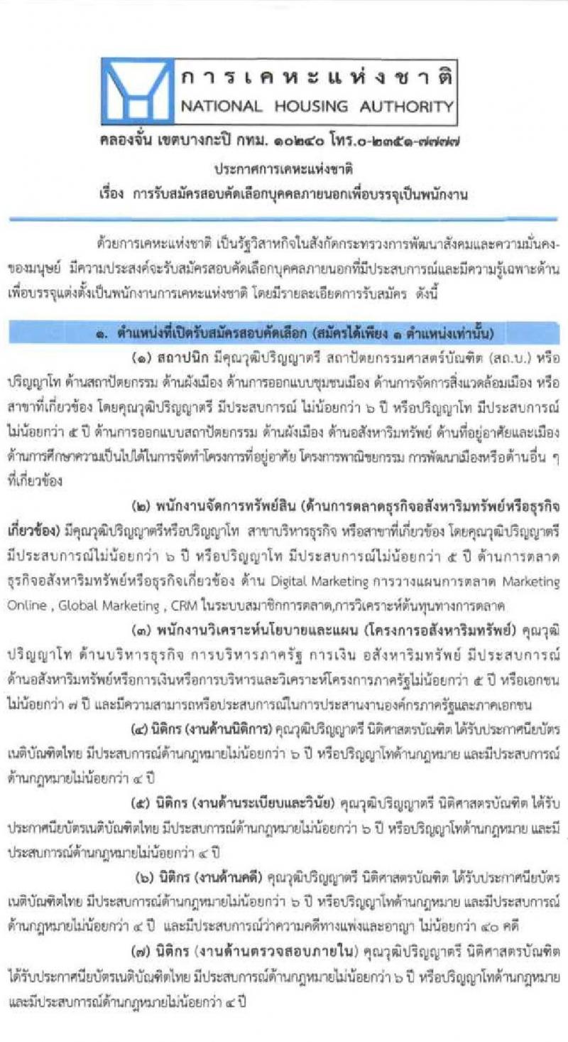 การเคหะแห่งชาติ รับสมัครสอบคัดเลือกบุคคลภายนอกเพื่อบรรจุเป็นพนักงาน จำนวน 8 ตำแหน่ง ครั้งแรก 19 อัตรา (วุฒิ ป.ตรี ป.โท) รับสมัครสอบทางอินเทอร์เน็ต ตั้งแต่วันที่ 28 มี.ค. – 6 เม.ย. 2565