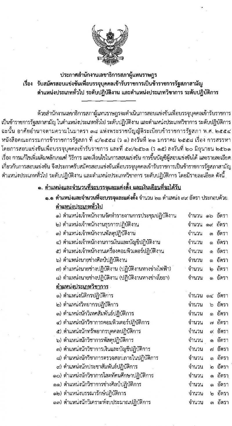 สำนักงานเลขาธิการสภาผู้แทนราษฎร รับสมัครสอบแข่งขันเพื่อบรรจุบุคคลเข้ารับราชการ จำนวน 21 ตำแหน่ง ครั้งแรก 90 อัตรา (วุฒิ ปวช. ป.ตรี) รับสมัครสอบทางอินเทอร์เน็ต ตั้งแต่วันที่ 17 พ.ค. – 14 มิ.ย. 2565