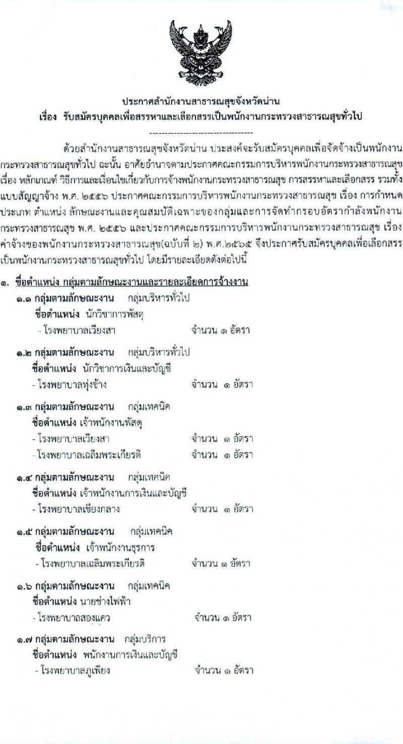 สาธารณสุขจังหวัดน่าน รับสมัครบุคคลเพื่อเลือกสรรเป็นพนักงานกระทรวงสาธารณสุขทั่วไป จำนวน 12 ตำแหน่ง 15 อัตรา (วุฒิ ม.ต้น ม.ปลาย ปวส. ป.ตรี)  สอบตั้งแต่วันที่ 9-17 พ.ค. 2565