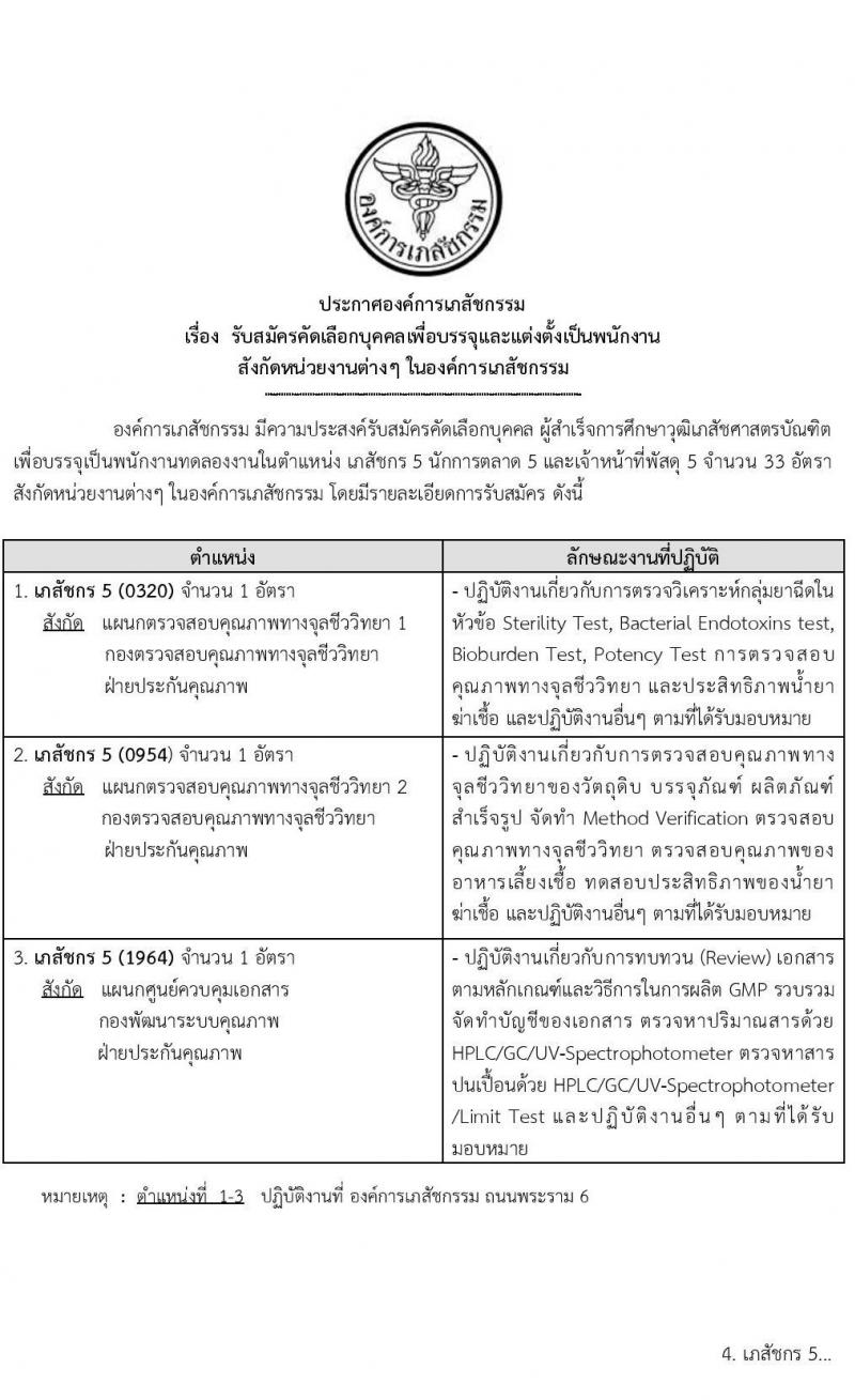 องค์การเภสัชกรรม รับสมัครบุคคลเพื่อเลือกสรรเพื่อบรรจุและแต่งตั้งเป็นพนักงาน จำนวน 33 อัตรา (วุฒิ ป.ตรี) รับสมัครทางอีเมล ตั้งแต่วันที่ 18 พ.ค. – 1 มิ.ย. 2565