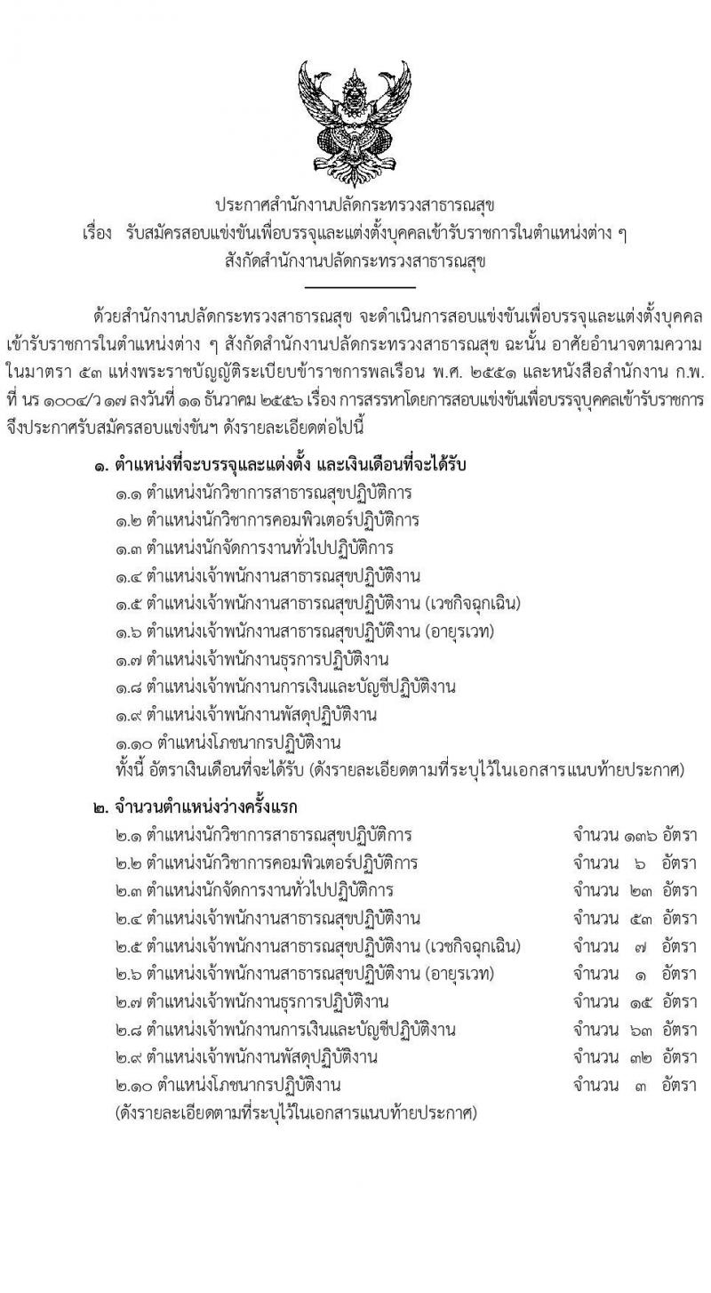 สำนักงานปลัดกระทรวงสาธารณสุข รับสมัครสอบแข่งขันเพื่อบรรจุและแต่งตั้งบุคคลเข้ารับราชการ จำนวน 10 ตำแหน่ง ครั้งแรก 339 อัตรา (วุฒิ ปวส. ป.ตรี) รับสมัครสอบทางอินเทอร์เน็ต ตั้งแต่วันที่ 18 ก.ค. – 15 ส.ค. 2565