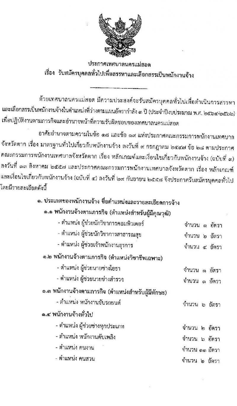 เทศบาลนครแม่สอด รับสมัครบุคคลทั่วไปเพื่อเลือกสรรเป็นพนักงานจ้าง จำนวน 10 ตำแหน่ง 36 อัตรา (บางตำแหน่งไม่ใช้วุฒิ และวุฒิ ม.ต้น ม.ปลาย ปวช. ปวส. ป.ตรี) รับสมัครสอบตั้งแต่วันที่ 11-22 ส.ค. 2565