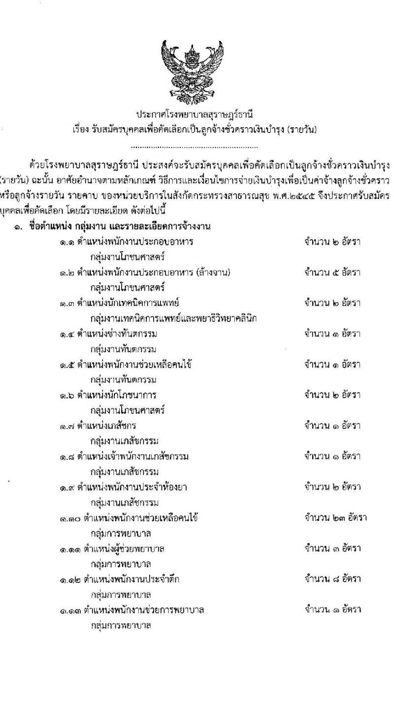 โรงพยาบาลสุราษฎร์ธานี รับสมัครบุคคลเพื่อคัดเลือกเป็นลูกจ้างชั่วคราวเงินบำรุง จำนวน 14 ตำแหน่ง 61 อัตรา (วุฒิ ม.ต้น ม.ปลาย ปวช. ปวส. ป.ตรี) รับสมัครสอบตั้งแต่วันที่ 6-13 ก.ย. 2565