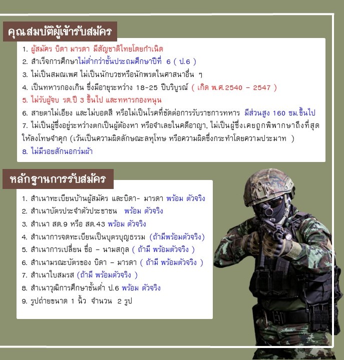 กองพันจู่โจมรักษาพระองค์ รับสมัครบุคคลเพื่อคัดเลือกเป็นทหารกองประจำการ (อาสาสมัคร) จำนวน 109 นาย (วุฒิ ไม่ต่ำกว่า ป.6) รับสมัครสอบตั้งแต่วันที่ 1-10 ต.ค. 2565