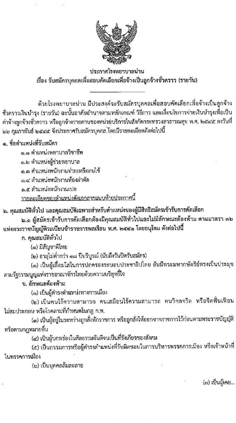 โรงพยาบาลน่าน รับสมัครบุคคลเพื่อสอบคัดเลือกเพื่อจ้างเป็นลูกจ้างชั่วคราว จำนวน 5 ตำแหน่ง 53 อัตรา (วุฒิ  ม.ต้น ม.ปลาย ป.ตรี ประกาศนียบัตร ป.ตรี ทางการพยาบาล) รับสมัครตั้งแต่วันที่ 23 พ.ย. – 9 ธ.ค 2565