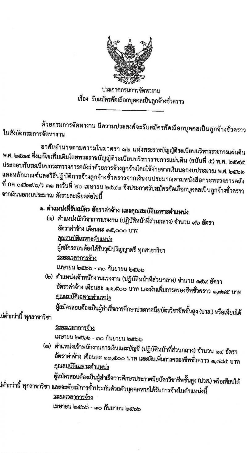 กรมการจัดหางาน รับสมัครบุคคลเป็นลูกจ้างชั่วคราว จำนวน 6 ตำแหน่ง 273 อัตรา (วุฒิ ปวส.หรือเทียบเท่า ป.ตรี) รับสมัครสอบตั้งแต่วันที่ 7-10 ก.พ. 2566