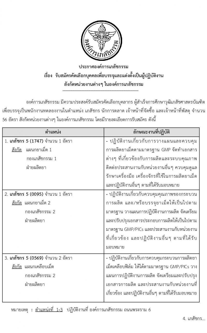 องค์การเภสัช รับสมัครคัดเลือกบุคคลเพื่อบรรจุและแต่งตั้งเป็นผู้ปฏิบัติงาน  จำนวน 56 อัตรา (วุฒิ ป.ตรี) รับสมัครสอบทางอีเมลตั้งแต่วันที่ 8-22 มี.ค. 2566