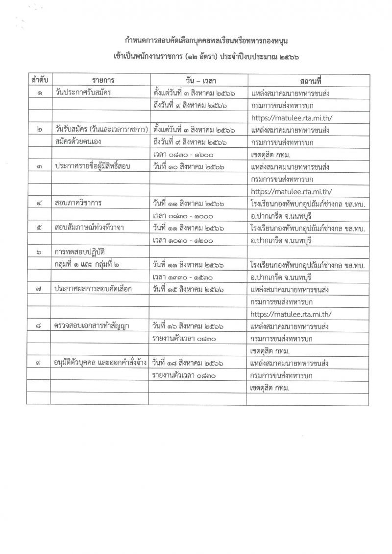 กรมการขนส่งทหารบก รับสมัครบุคคลพลเรือนหรือทหารกองหนุน เพื่อสอบคัดเลือกเป็นพนักงานราชการ จำนวน 12 อัตรา (วุฒิ ม.3 ม.6 หรือเทียบเท่า) รับสมัครสอบด้วยตนเองตั้งแต่วันที่ 3-9 ส.ค. 2566