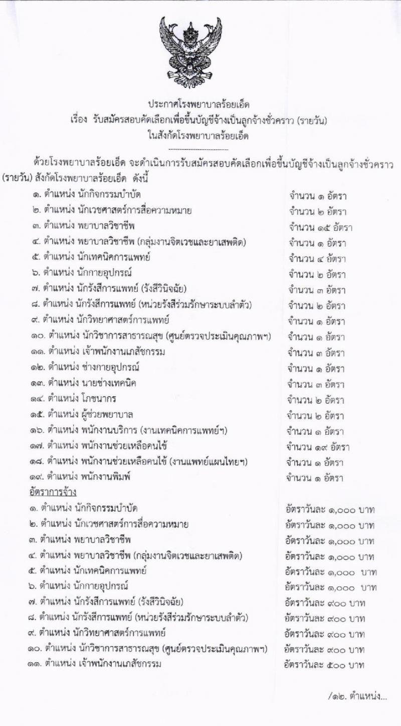 โรงพยาบาลร้อยเอ็ด รับสมัครคัดเลือกบุคคลเพื่อเป็นลูกจ้างชั่วคราว จำนวน 65 อัตรา (วุฒิ ม.ต้น ม.ปลาย ปวช. ปวส. ป.ตรี) รับสมัครสอบด้วยตนเอง ตั้งแต่วันที่ 4-21 มิ.ย. 2567 หน้าที่ 1