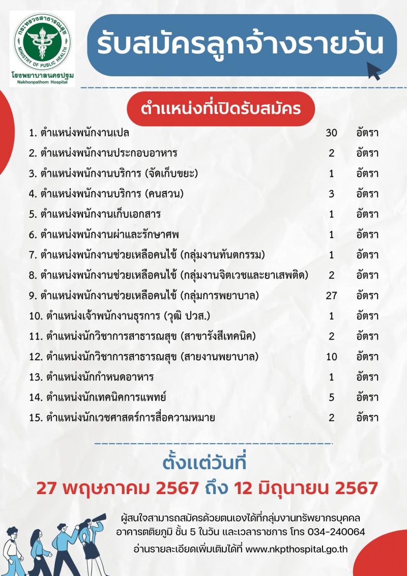 โรงพยาบาลนครปฐม รับสมัครคัดเลือกบุคคลเพื่อเป็นลูกจ้างชั่วคราว 11 ตำแหน่ง 89 อัตรา (วุฒิ ม.ต้น ม.ปลาย ปวช. ปวส. ป.ตรี) รับสมัครสอบด้วยตนเอง ตั้งแต่วันที่ 27 พ.ค. - 12 มิ.ย. 2567 หน้าที่ 1