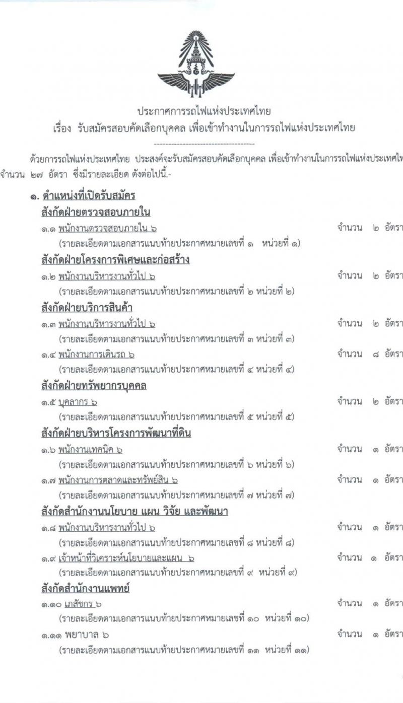 การรถไฟแห่งประเทศไทย รับสมัครสอบแข่งขันเพื่อบรรจุและแต่งตั้งบุคคลเข้ารับราชการ 27 อัตรา (วุฒิ ป.ตรี) รับสมัครสอบทางอินเทอร์เน็ต ตั้งแต่วันที่ 1-10 ก.ค. 2567 หน้าที่ 1