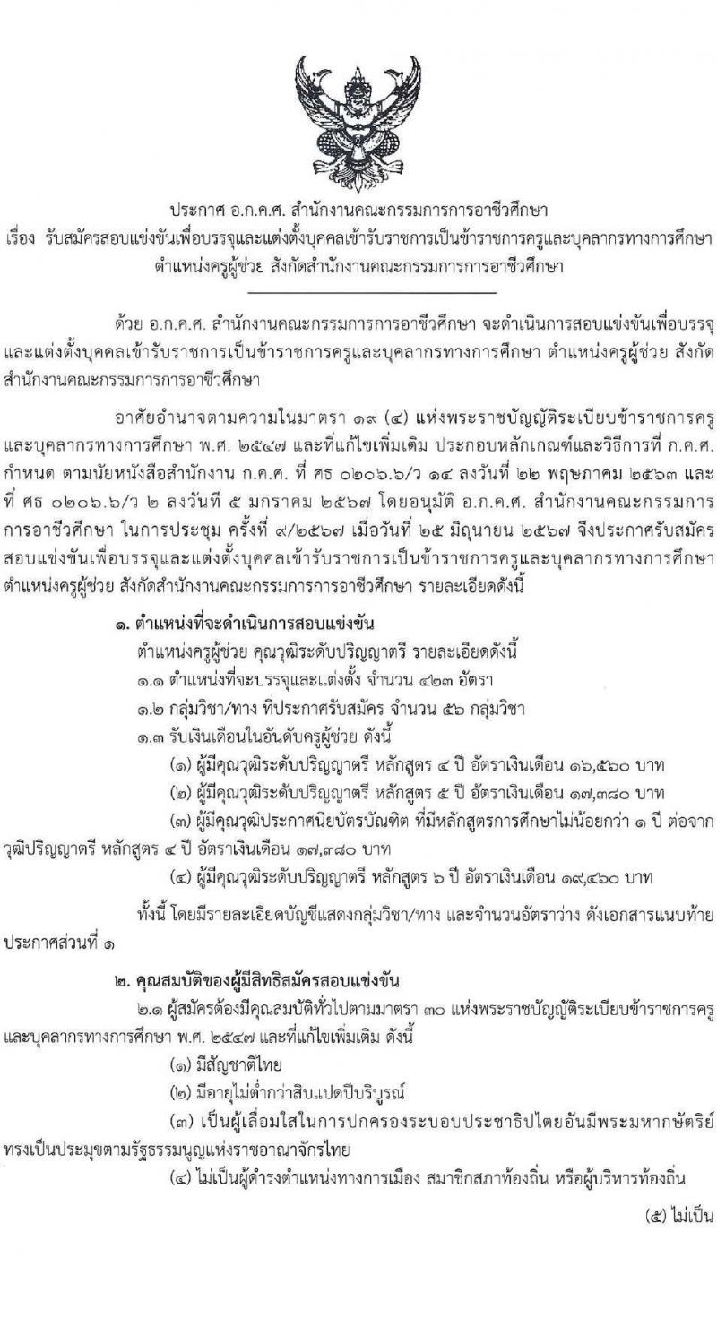 อ.ก.ค.ศ.สำนักงานคณะกรรมการการอาชีวศึกษา รับสมัครสอบแข่งขันเพื่อบรรจุและแต่งตั้งบุคคลเข้ารับราชการ ครูและบุคลากรทางการศึกษา ตำแหน่งครูผู้ช่วย 56 กลุ่มวิชา ครั้งแรก 423 อัตรา (วุฒิ ป.ตรี) รับสมัครสอบทางอินเทอร์เน็ต ตั้งแต่วันที่ 9-15 ก.ค. 2567 หน้าที่ 1