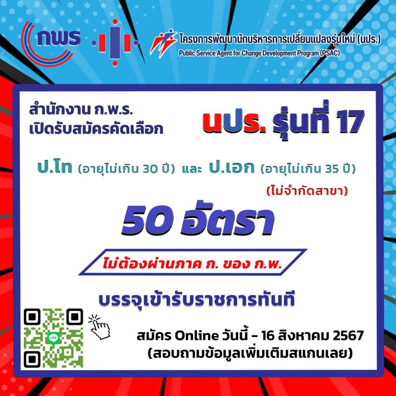 สำนักงาน ก.พ.ร. รับสมัครสอบแข่งขันเพื่อบรรจุและแต่งตั้งบุคคลเข้ารับราชการ 50 อัตรา เข้าร่วมโครงการพัฒนานักบริหารการเปลี่ยนแปลงรุ่นใหม่ (นปร.) รุ่นที่ 17 บรรจุเข้ารับราชการทันที (วุฒิ ป.โท ไม่จำกัดสาขา) รับสมัครสอบทางอินเทอร์เน็ต ตั้งแต่วันที่ 12 ก.ค. - 16 ส.ค. 2567 หน้าที่ 1