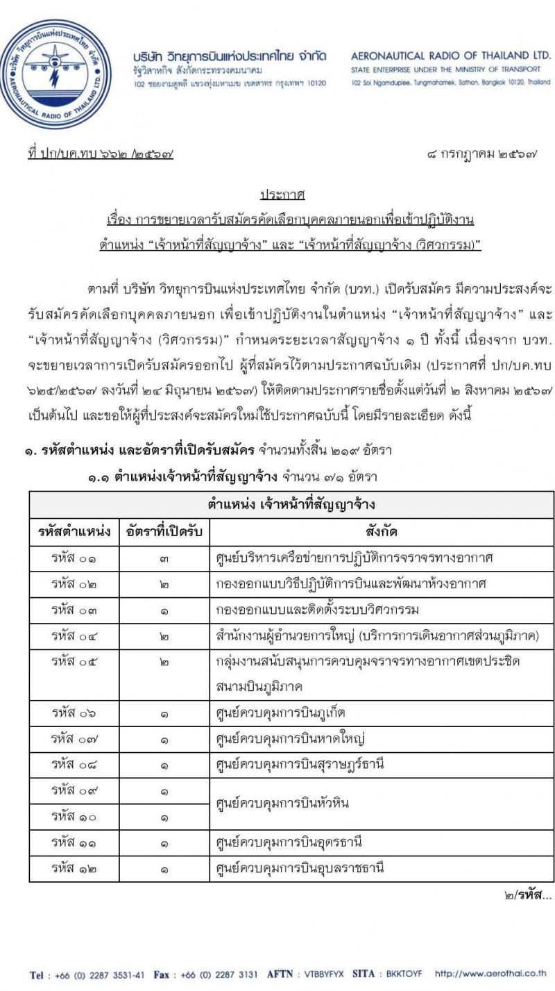 สำนักงานการบินพลเรือนแห่งประเทศไทย การขยายเวลารับสมัครคัดเลือกบุคคลภายนอกเพื่อเข้าปฏิบัติงานตำแหน่งเจ้าหน้าที่สัญญาจ้าง และ เจ้าหน้าที่สัญญาจ้าง (วิศวกรรม) จำนวน 219 อัตรา (วุฒิ ป.ตรี) รับสมัครสอบทางอินเทอร์เน็ตตั้งแต่บัดนี้ ถึง 29 ก.ค. 2567 หน้าที่ 1