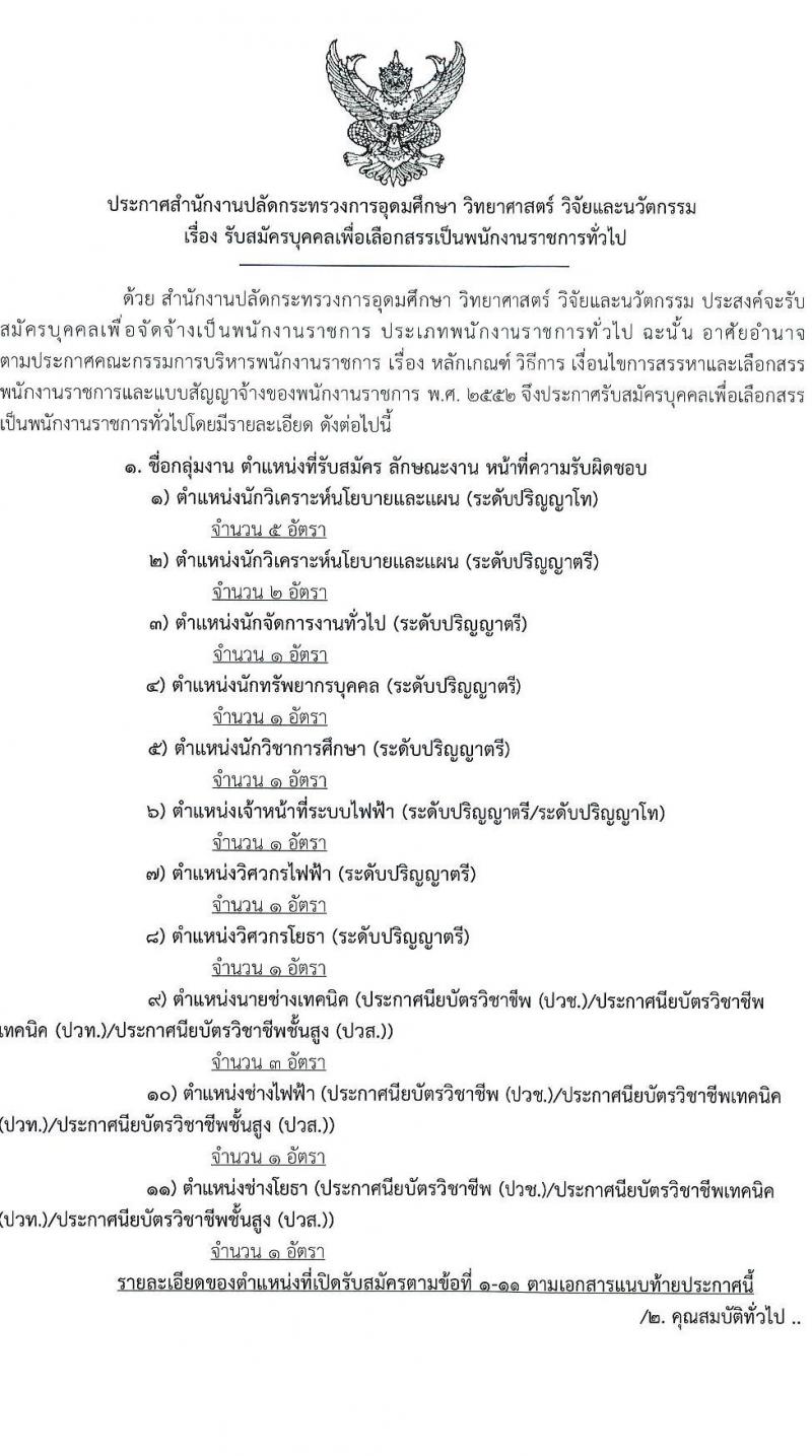 สำนักงานปลัดกระทรวงการอุดมศึกษา วิทยาศาสตร์ วิจัยและนวัตกรรม รับสมัครบุคคลเพื่อเลือกสรรเป็นพนักงานราชการ 11 ตำแหน่ง ครั้งแรก 18 อัตรา (วุฒิ ปวส.หรือเทียบเท่า ป.ตรี ป.โท) รับสมัครสอบทางอินเทอร์เน็ต ตั้งแต่วันที่ 6-27 ส.ค. 2567 หน้าที่ 1