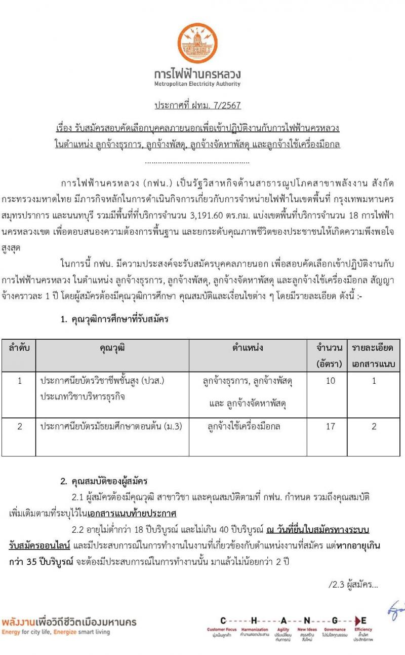 การไฟฟ้านครหลวง รับสมัครบุคคลเพื่อบรรจุและแต่งตั้งเป็นพนักงาน 4 ตำแหน่ง 27 อัตรา (วุฒิ ม.ต้น ปวส.) รับสมัครสอบทางอินเทอร์เน็ต ตั้งแต่วันที่ 4-10 ก.ย. 2567 หน้าที่ 1