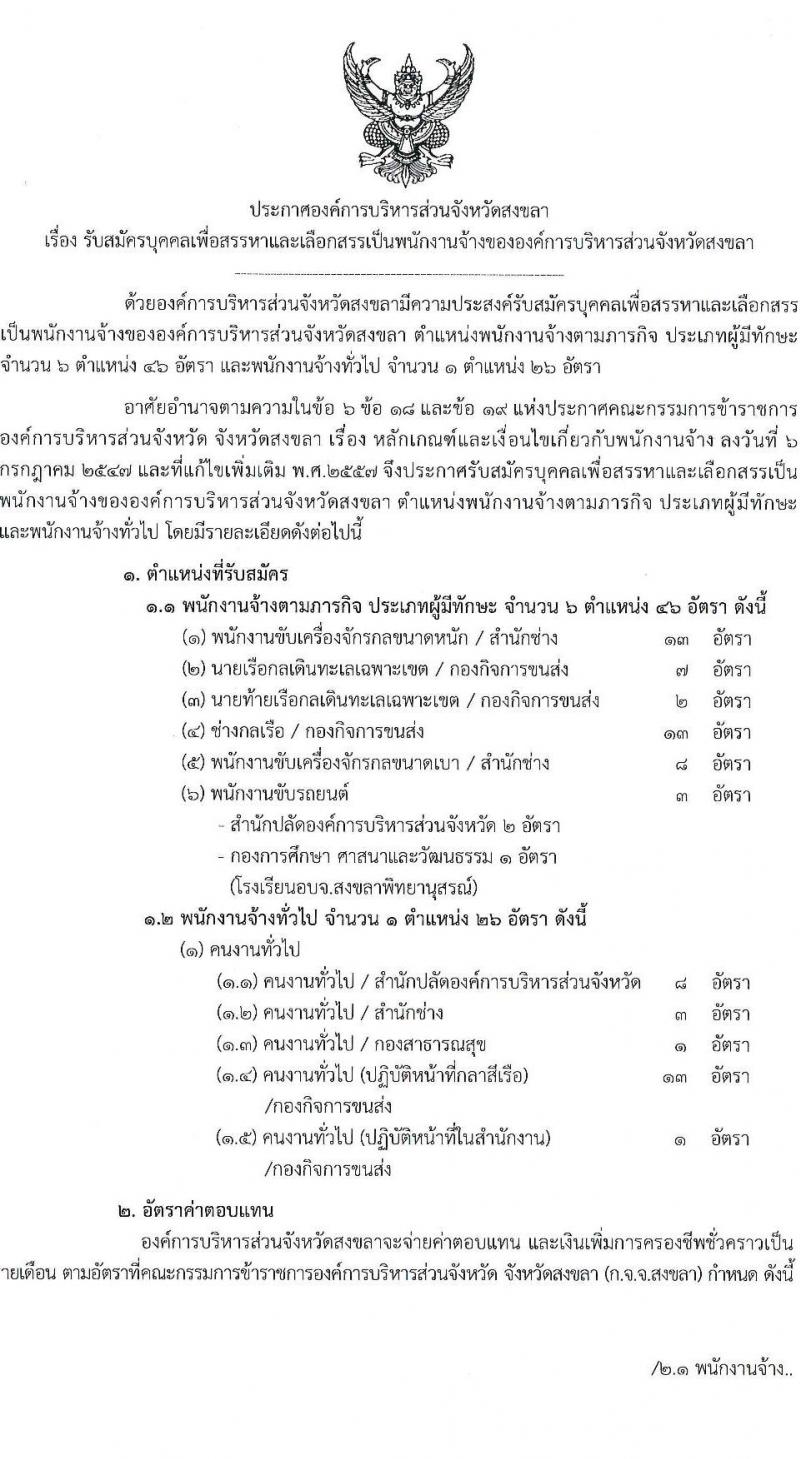 องค์การบริหารส่วนจังหวัดสงขลา รับสมัครสรรหาและเลือกสรรบุคคลเพื่อจ้างเป็นพนักงานจ้าง 7 ตำแหน่ง 72 อัตรา (วุฒิ บางตำแหน่งไม่ใช้วุฒิ, วูฒิประกาศนียบัตรเฉพาะด้าน) รับสมัครสอบด้วยตนเอง ตั้งแต่วันที่ 16-25 ต.ค. 2567 หน้าที่ 1