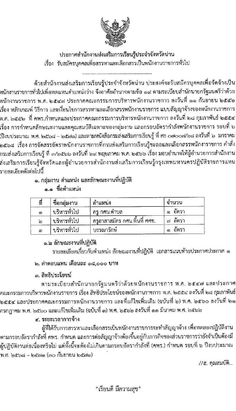 สำนักงานส่งเสริมการเรียนรู้ประจำจังหวัดน่าน รับสมัครบุคคลเพื่อเลือกสรรเป็นพนักงานราชการ 3 ตำแหน่ง 9 อัตรา (วุฒิ ป.ตรี) รับสมัครสอบด้วยตนเอง ตั้งแต่วันที่ 20-24 ม.ค. 2568 หน้าที่ 1