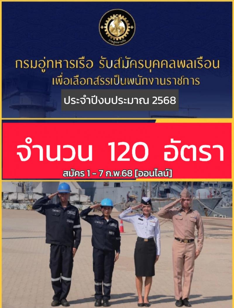 กรมอู่ทหารเรือ รับสมัครบุคคลเพื่อเลือกสรรเป็นพนักงานราชการ ประจำปีงบประมาณ พ.ศ. 2568 จำนวน 120 อัตรา (วุฒิ ม.3 ปวช. ป.ตรี) รับสมัครสอบทางอินเทอร์เน็ต ตั้งแต่วันที่ 1-7 ก.พ. 2568 หน้าที่ 1